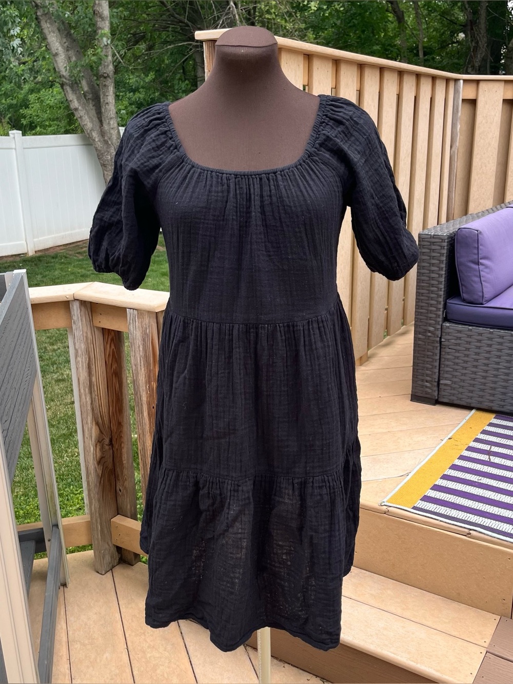 Old Navy Women’s 100% Cotton Gauze Tiered Black Dress XS Pockets Cottage Boho